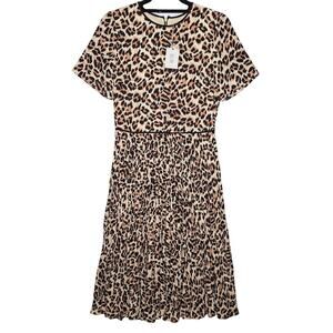 Oasis Leopard Print Pleated Midi Dress UK 10 US 6 Short Sleeve Retro A-Line